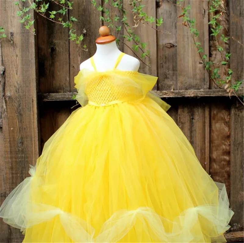 Elegant Girls Yellow Tutu Dress Kids Crochet Flowers Tulle Dress Ball Gown Children Birthday Party Costume Princess Dresses