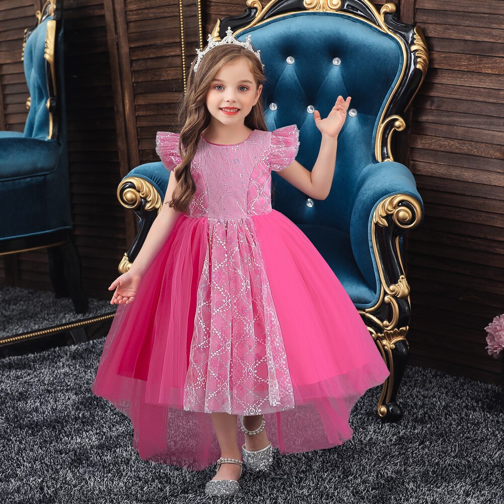 Western Style Long Tail Lace Girl Wedding Dress Rose Fluffy Banquet Children's Princess Dress Elegant Kid Prom Dresses For 