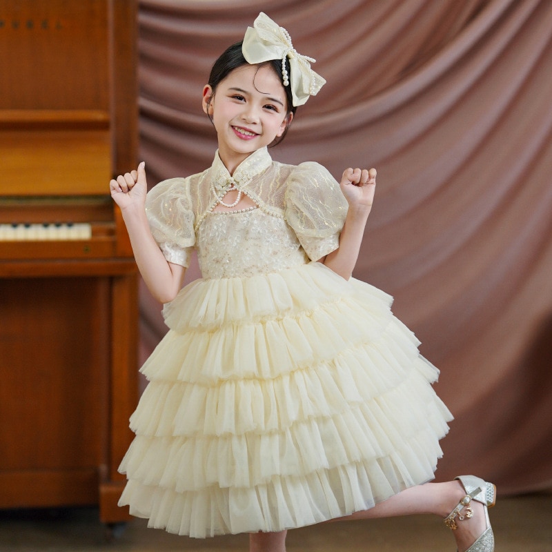 Kids Champagne Tulle Layered Dress for Flower Girls Luxury Birthday Party Short Evening Gowns Children Princess Pageant Dresses