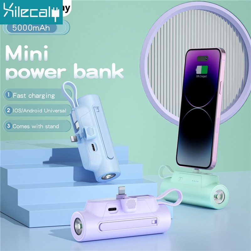 Xilecaly Mini Power Bank 5000mAh with Type C Cable Portable Charger External Battery Pack for iPhone 14 Samsung Xiaomi Powerbank