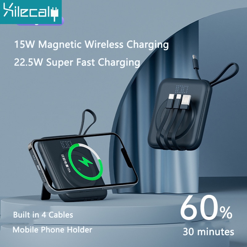 22.5W Fast Charging Power Bank 10000mAh Magnetic Qi Wireless Charger for iPhone 14 13 12 Mini Powerbank with Cable Phone Holder