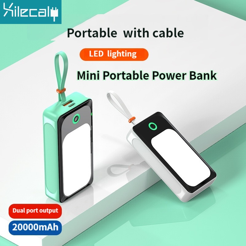 Mini Power Bank Portable 20000mAh Charger Fast Charging External Battery Built in Cables LED for iPhone Xiaomi Huawei