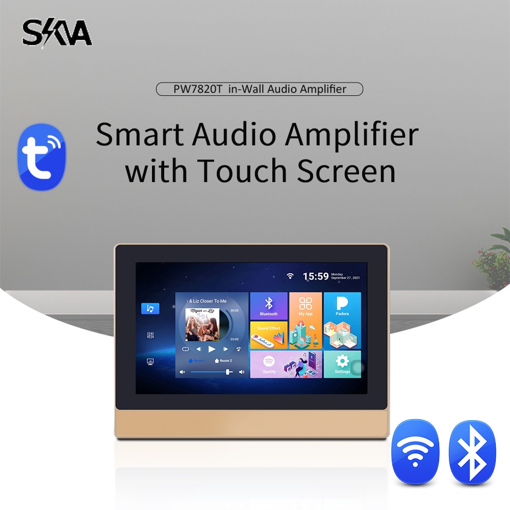 TUYA Wall Amplifier with WiFi Bluetooth Android 8.1 Touch Screen Two Zone Music Player Yama-ha Amp Support Polish Arabic English