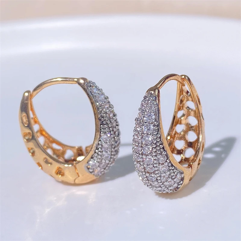 ZAKOL Hip Hop Fashion Gold Color Hoop Earrings for Girls Delicate Geometric Shiny Zirconia Party