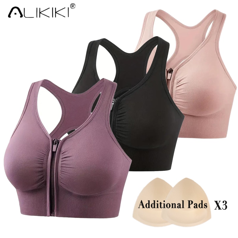 3 Pack Shockproof Zipper Sports Bra Padded Gather Yoga Push Up Gym Running Bra Seamless Workout Fitness Bralette Top For Women