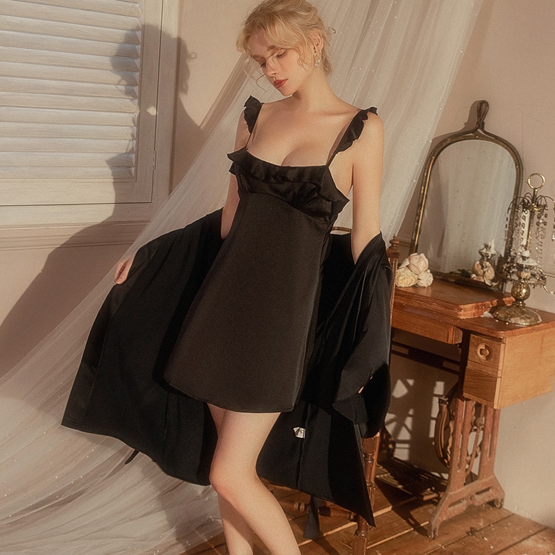 Summer Female Ruffles Nighty&Robe Set Women Bathrobe Gown Nightgown Suit Lingerie Satin Kimono Sleepwear Home Dress Loungewe