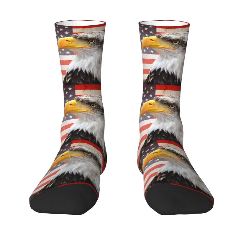 North American Bald Eagle On American Flag Men's Crew Socks Unisex Kawaii Spring Summer Autumn Winter Dress Socks