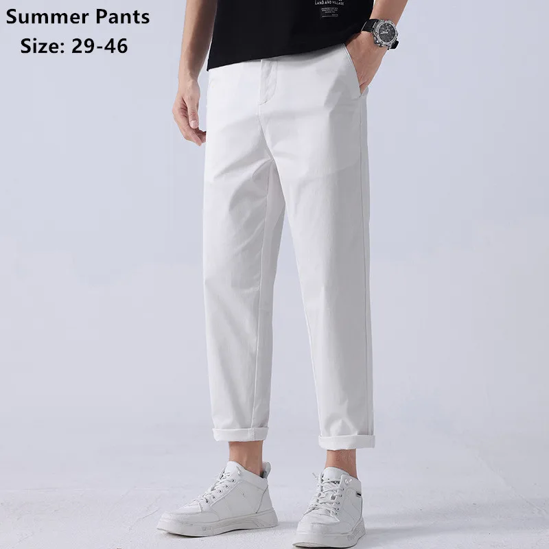 White Pants Men Thin Summer Casual Plus Size 42 44 46 Khaki Blue Stretched Ankle-Length Pencil