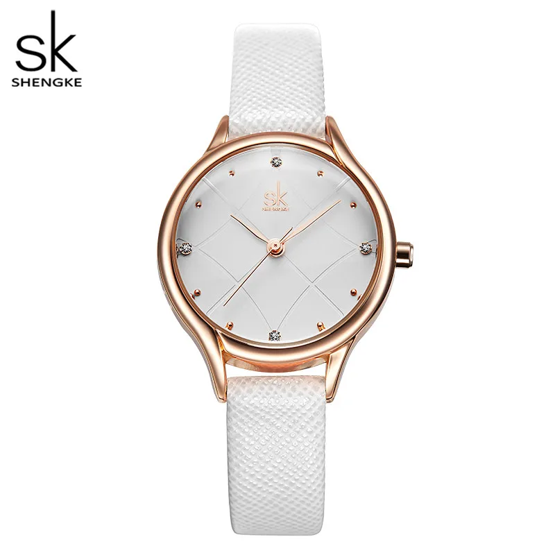 Shengke Women's Watches Fashion Leather Wrist Watch Plaid Ladies Watch White Clock Reloj Mujer Bayan