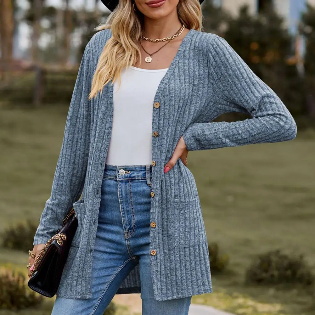 Women Cardigan Knitted Single-breasted Long Sleeve Fall Coat Solid Color Elastic Pockets Mid Length