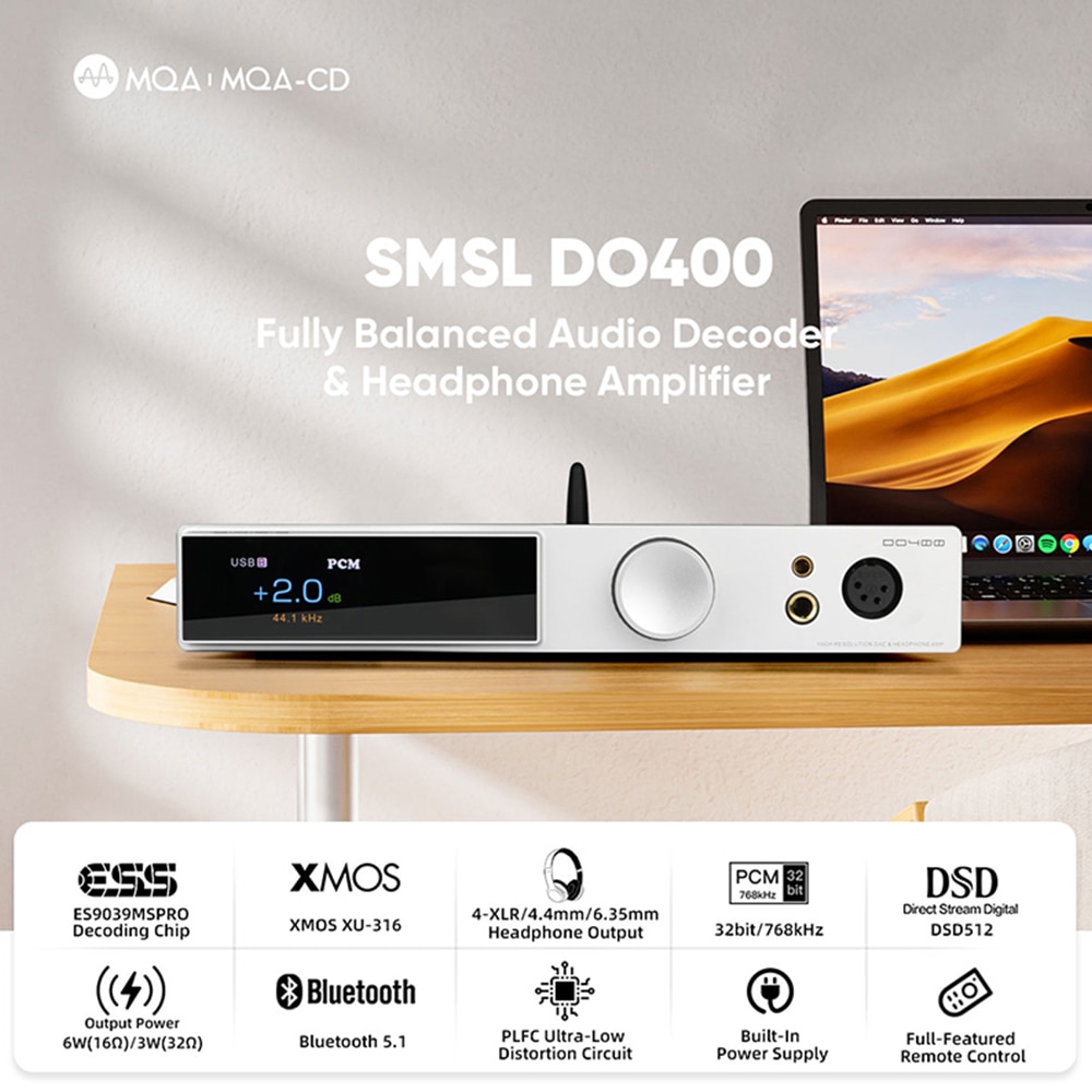 Smsl Do400 2in1 Bluetooth Audio Usb Dac Amp Decoder Mqa Cd Dsd512 Hifi Monitor Headphone Earphone Amplifier with Remote Control