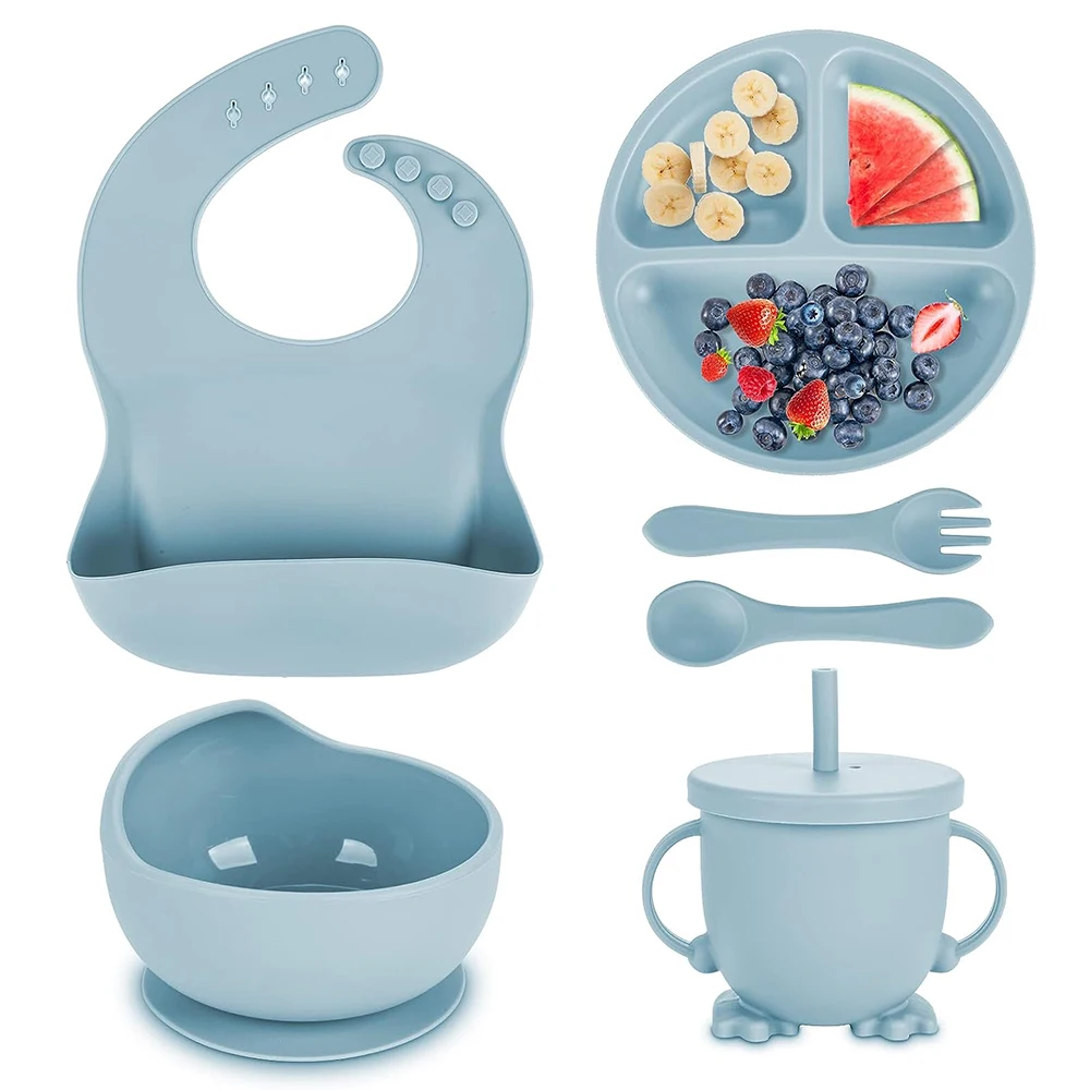 Children's Dishes Set Baby Silicone Tableware 6PCS Set Sucker Bowl Bib Cup Fork Spoon Set Maternal