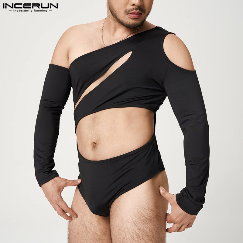 INCERUN Fashion Casual Men's Onesies Comfortable Sloping Shoulder One-shoulder Design Solid Long-sleeved Triangle Jumpsuit 