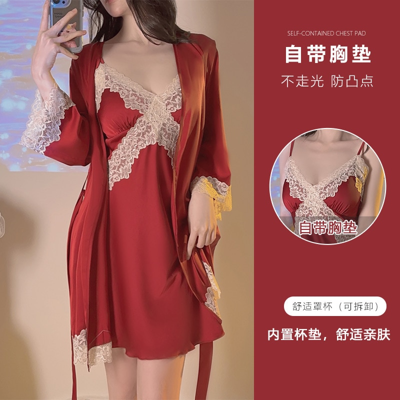 Sexy Lace Applique Nightwear Gown Set Women 2PCS V-Neck Silky Sleepwear Lady Sleep Suit Robe Wear Home Negligee Homewear