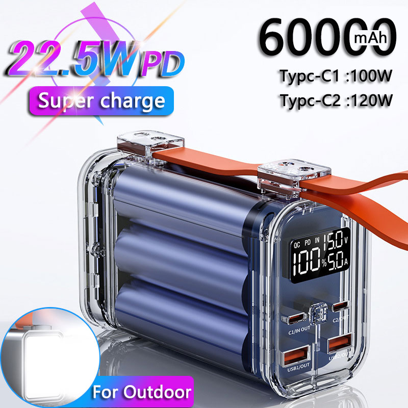 Portable Power Station 60000mAh PD 22.5W Powerbank Fast Charging DC 120W External Battery For iPhone 14 Xiaomi Outdoor Lighting