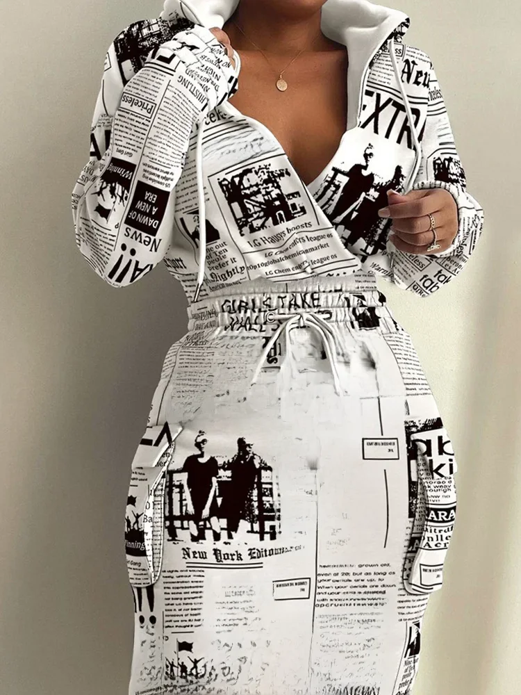 Women's Dress Plaid Drawstring Retract Waist Hooded Dresses 2023 Spring Autumn New Newspaper Print