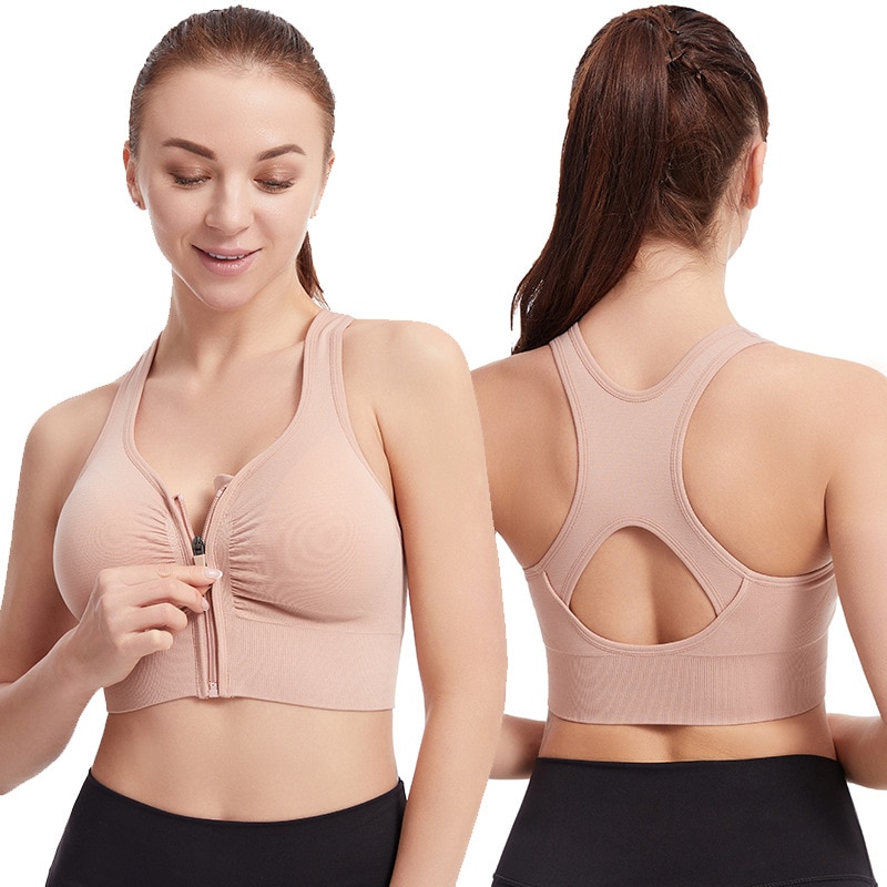 Women's Shockproof Gathering Oversized Running Yoga Fitness Sports Bra Hollow Back Front Zipper Sports Bra
