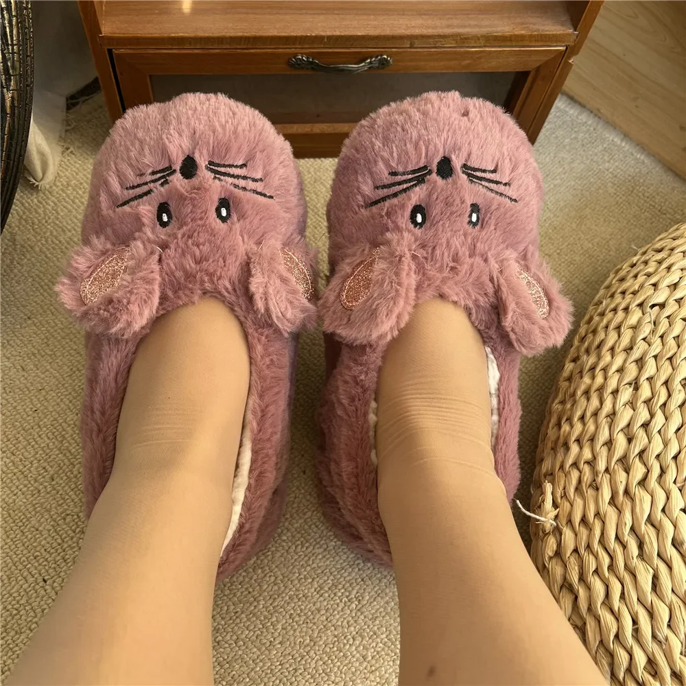 Winter Warm Slipper Women Home Fuzzy Fur Contton Plush Non Slip Grip Indoor Fluffy Lazy Female Mouse