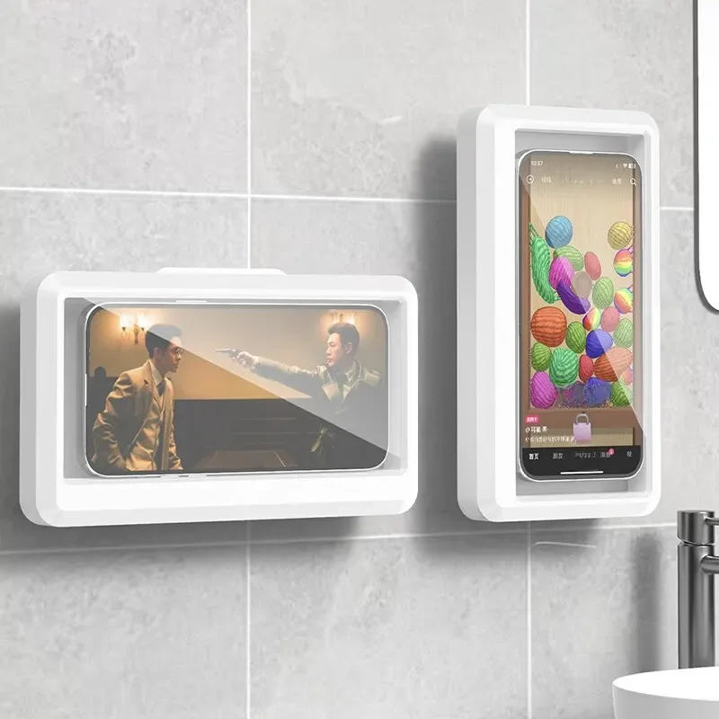 Bathroom Waterproof Phone Holder Home Wall Phone Case Stand Box Self-adhesive Touch Screen Phone