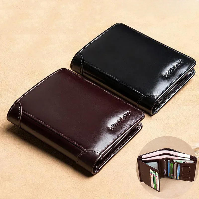 Men's Wallets RFID Blocking Genuine Leather Trifold Business Short Purse Wallet for Men with ID