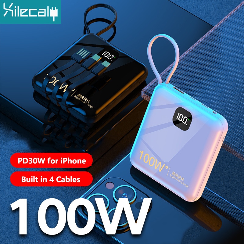 Portable Powerbank 20000mAh Power Bank 100W Fast Charging Built in Cables External Battery Charger for iPhone Xiaomi Huawei