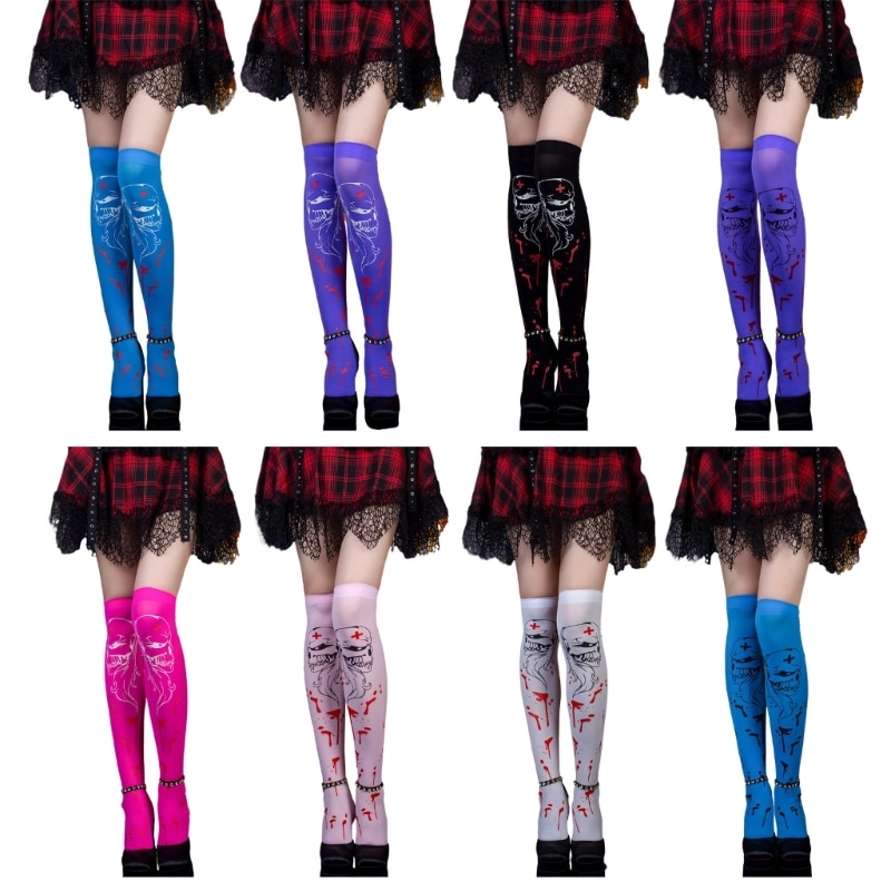 Thigh High Long Stockings Over Knee Socks Halloween Cosplay Festival Stockings Skull Print Stockings for Women Girls