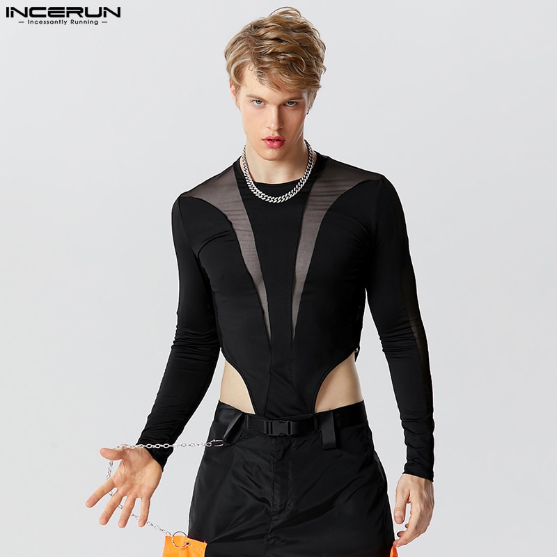 Men Bodysuits Mesh Patchwork O-neck Long Sleeve Skinny Rompers Male T Shirt Transparent Sexy 2023 Fashion Bodysuit S-5XL INCERUN