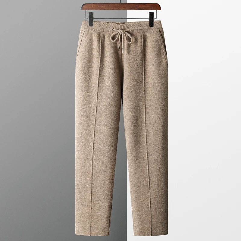 100% Pure Wool Men's Wool Pants 2023 Autumn Winter Thickened Knitted Long Pants Slim Fitting Solid