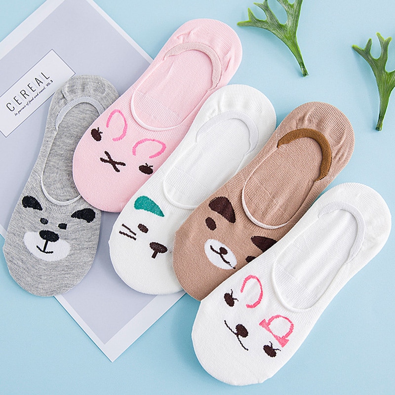 5Pairs Cotton Women Invisible Socks Cartoon Cute Animal Rabbit Bear Girl Boat Socks Summer Autumn Harajuku Comfortable Sox Meias