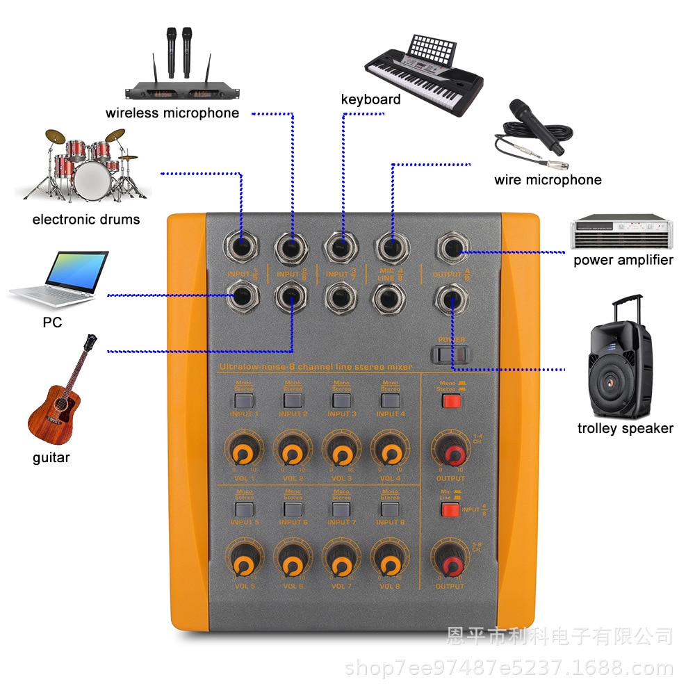 8-Channel Audio Mixer, Low-Noise Stereo Mono Switching, Guitar/Bass/Keyboard Mixer