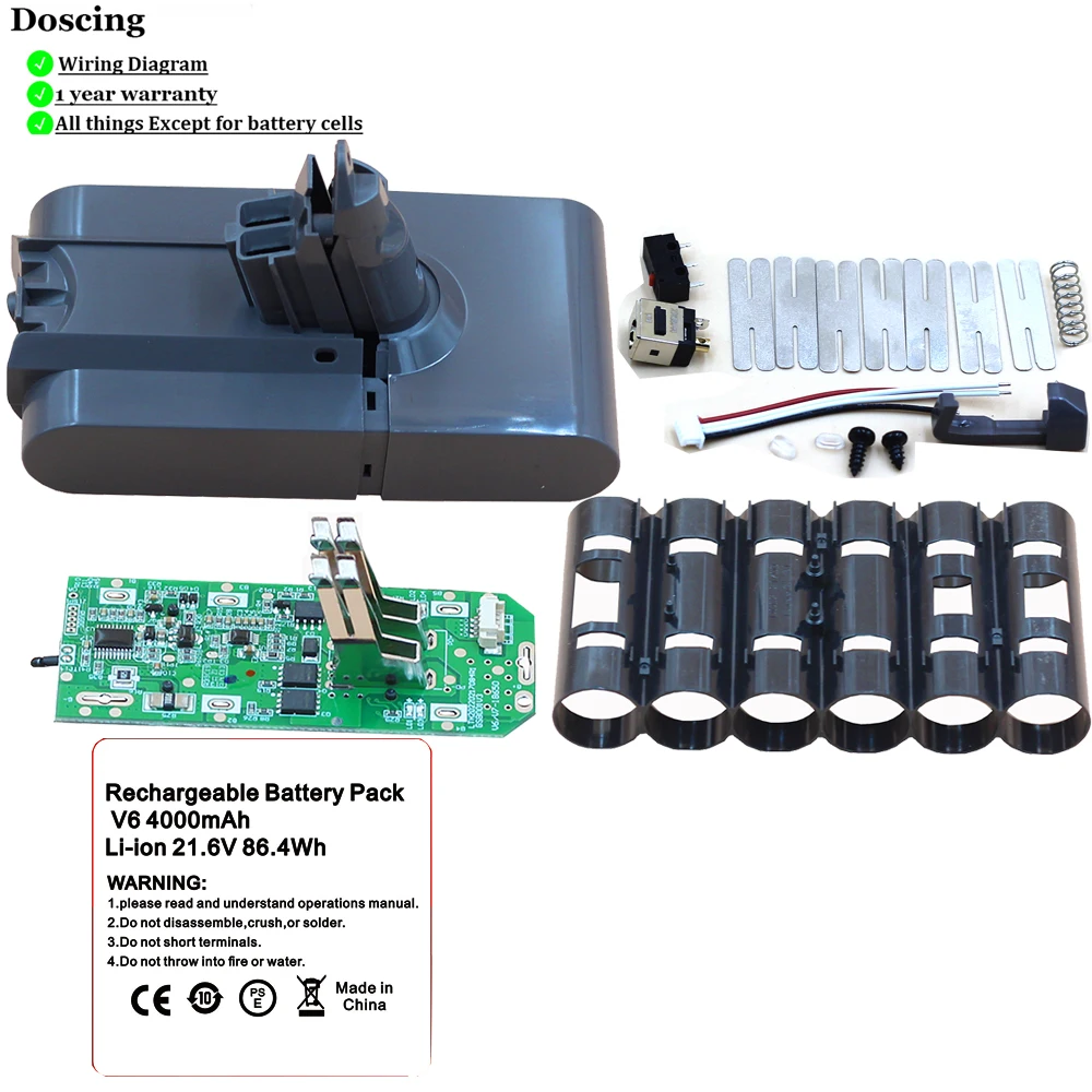 6*21700 V6 Battery Case PCB BMS Housing for Dyson 21.6V Vacuum Cleaner