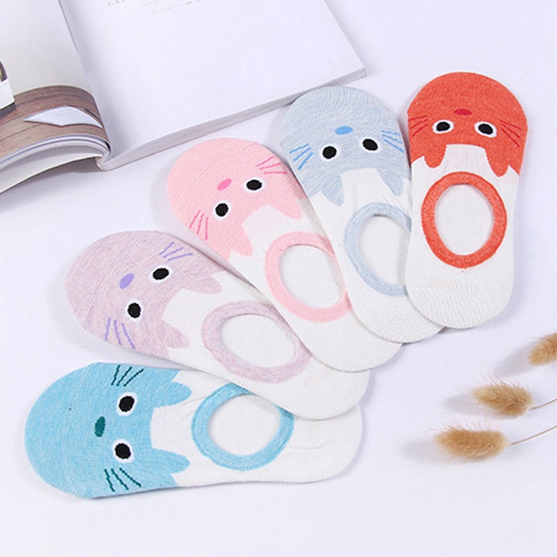 5 Pairs High Elastic Boat Socks Womens Funny Cartoon Animals Socks Summer Ladies No Show Cotton Silicone Anti-skid Sock Slippers
