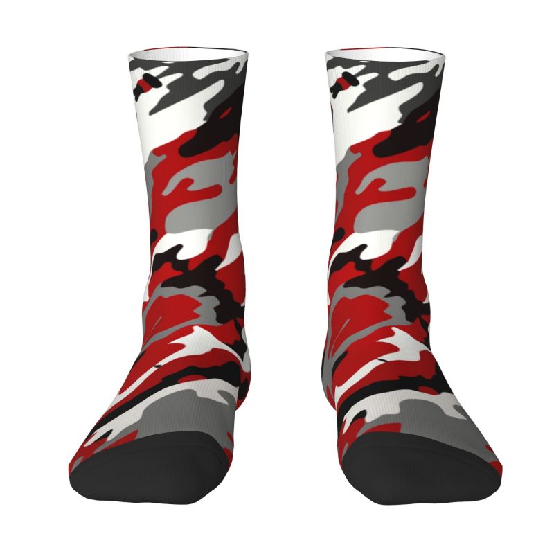 Fun Printed Red Camo Socks for Men Women Stretch Summer Autumn Winter Army Military Camouflage Crew Socks