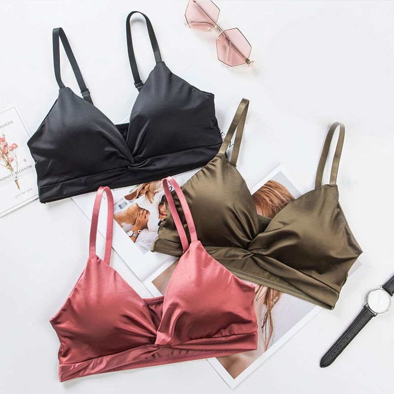 Underwear Women Wire Free Satin Bra Full Cap Bras for Women Hollow Padded Bra Top Lingerie Elegant Bralette Mujer Sexy Femmes