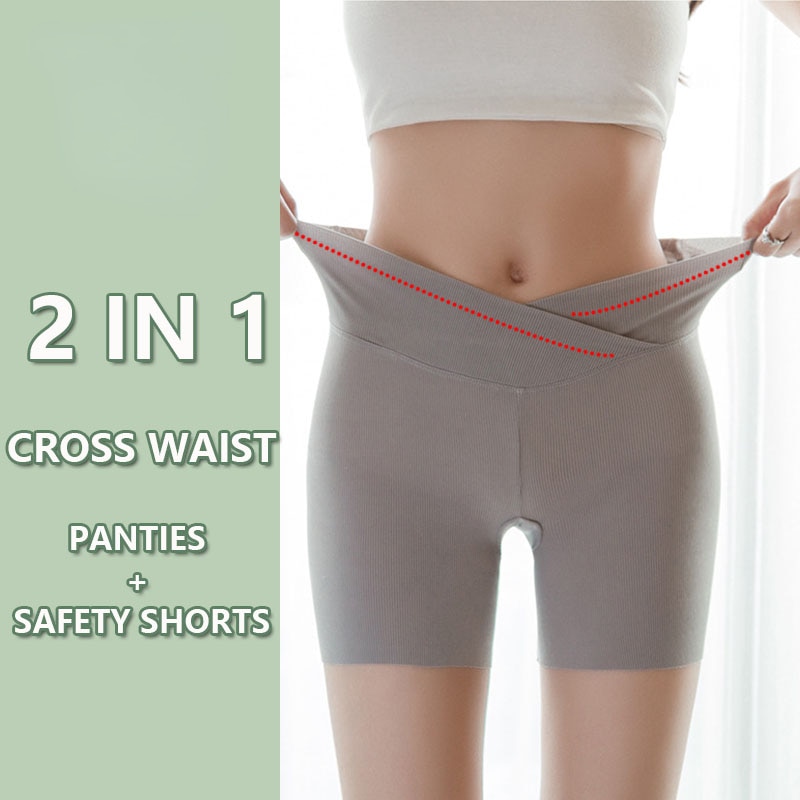 2-piece Combination Ice Silk High Waisted Cross Waist Safety Shorts Summer Seamless Thin Oversized Women's Underwear