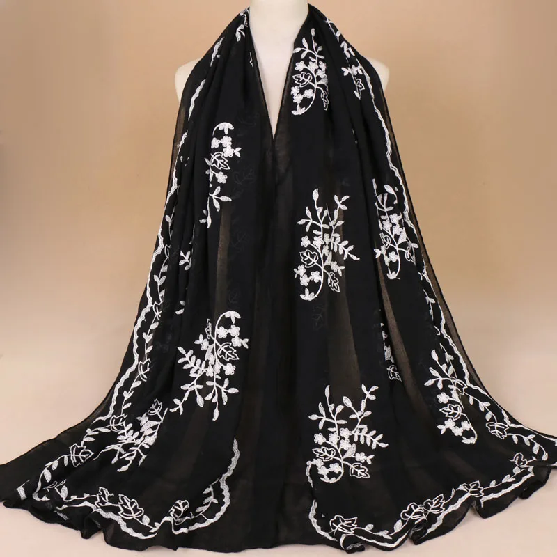 2023 Women Plain Embroider Floral Viscose Scarf Brand Printe Shawls and Wraps Lady Pashmina Stoles