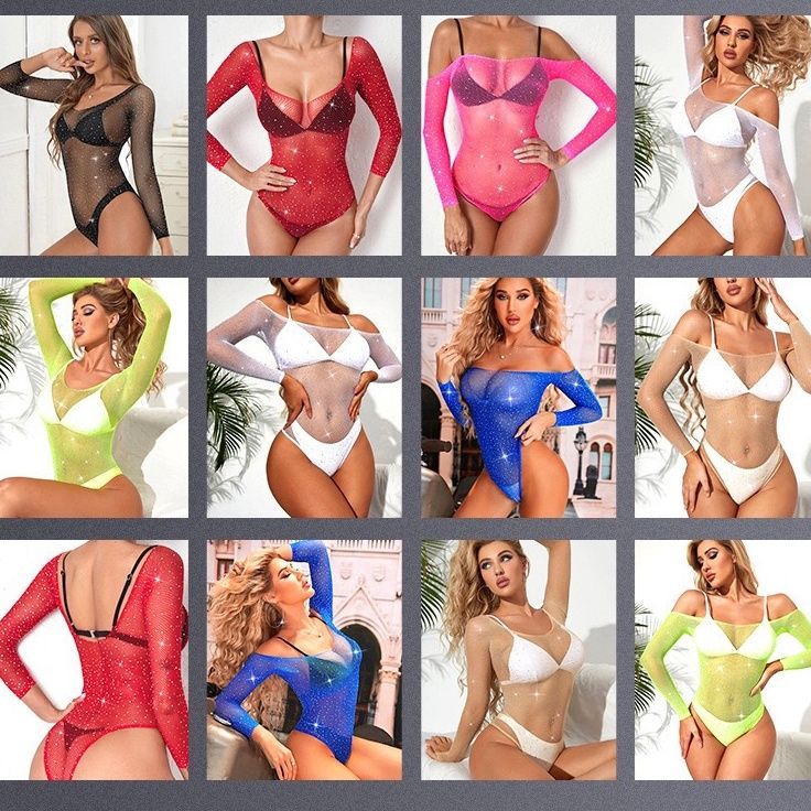 Sexy One-piece Lingerie Bodysuit Women Bra Set Rhinestone Underwear Hot Transparent Open Strapless Erotic Mesh Bras Long Sleeve