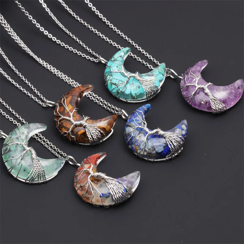 Natural Crystal Moon Pendant Necklace Tree of Life Amethyst Reiki Polished Mineral Jewelry Healing