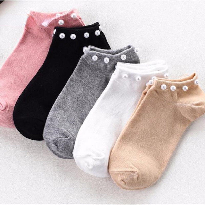 Fashion Cotton Pearl Short Women Socks Lovely Candy Color Imitation Sock Casual Cute Funny Short Sokken Girl Harajuku Calcetine