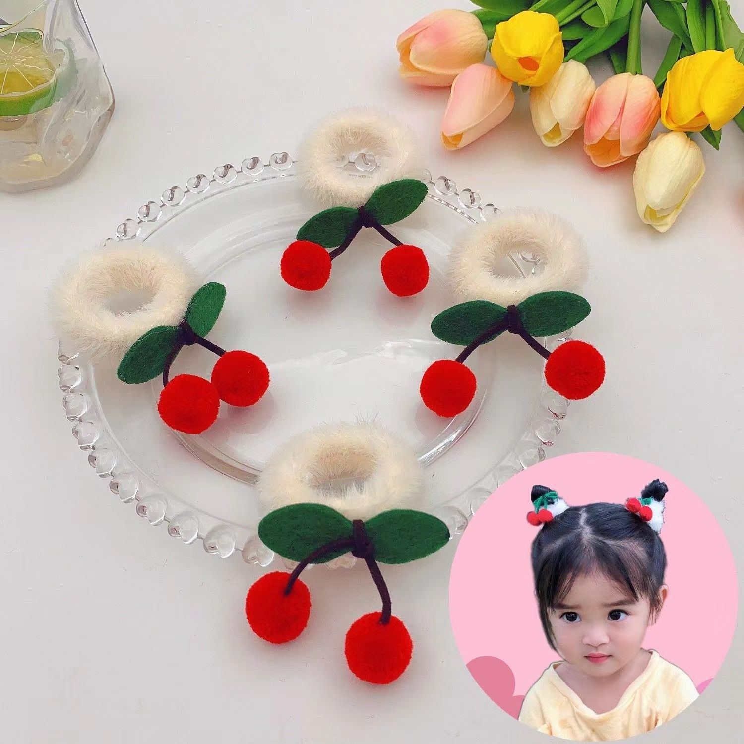 Cartoon Girls Red Cherry Cherries Scrunchies Hair Cips Fashion Plush Hairpins Kids Headwear Hair Accessories For Children 3PCS