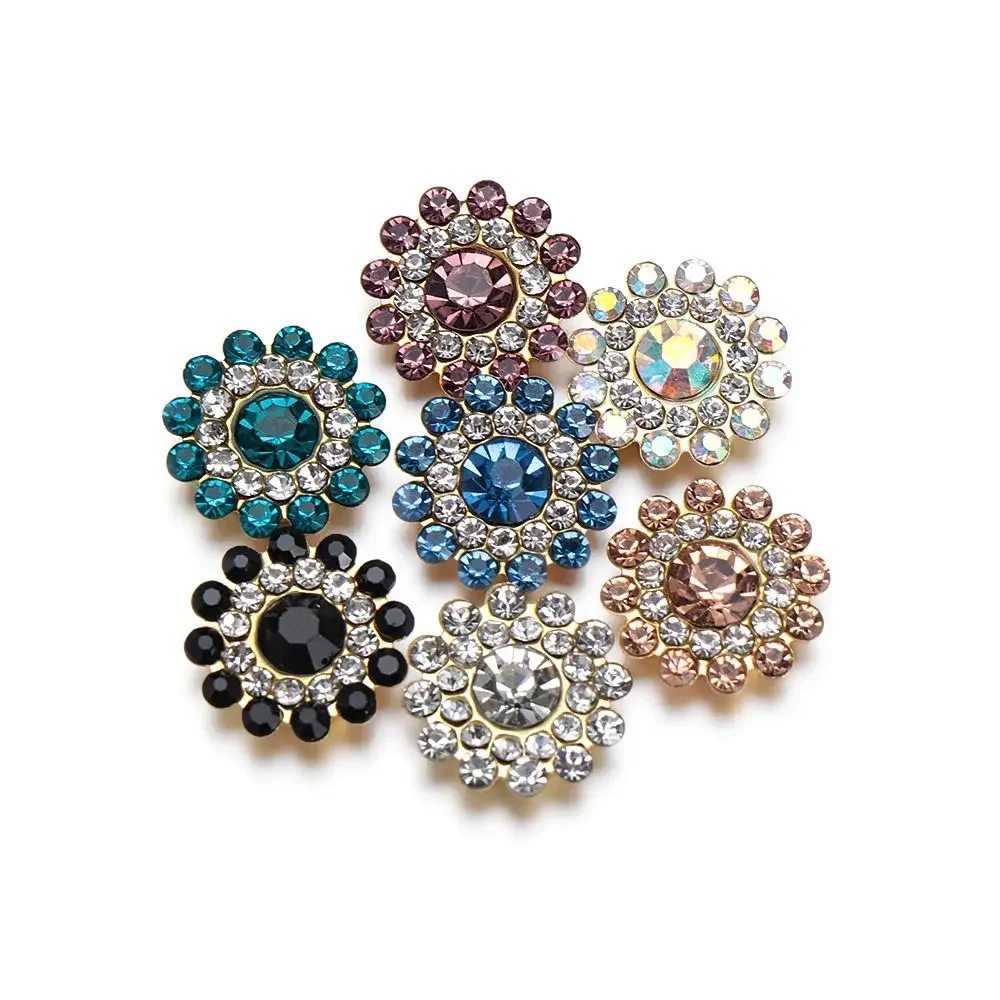 10PCS 14mm Flower-shaped Rhinestone Buttons Sparkling Crystal Glass Stone Steel Bottom Clothes