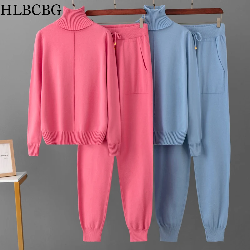 2023 New 2 Pieces Set Women Knitted Tracksuit Turtleneck Sweater Carrot Jogging Pants Pullover