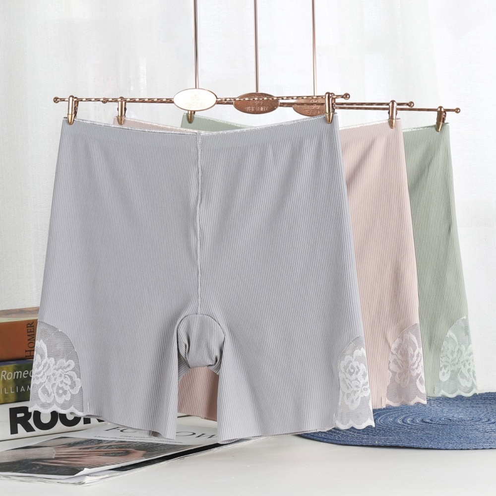Simple Summer Plus Size Ice Silk Comfortable Thread Safety Short Pants Underwear Women Lingerie Elastic Lace Boxer