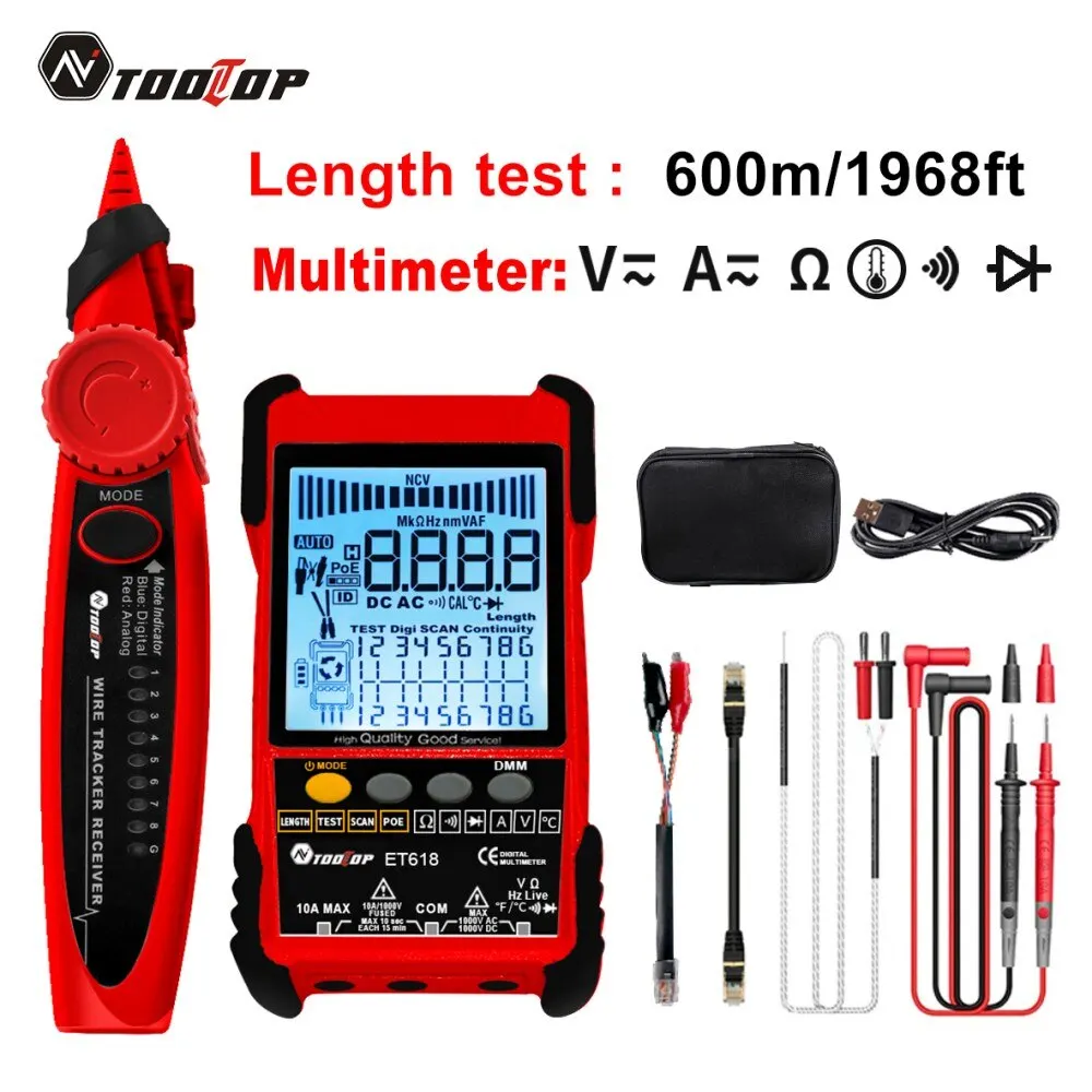 TOOLTOP Network Cable Tester Multimeter Lan Cable Tracking POE Test 400M/600M Length Measure