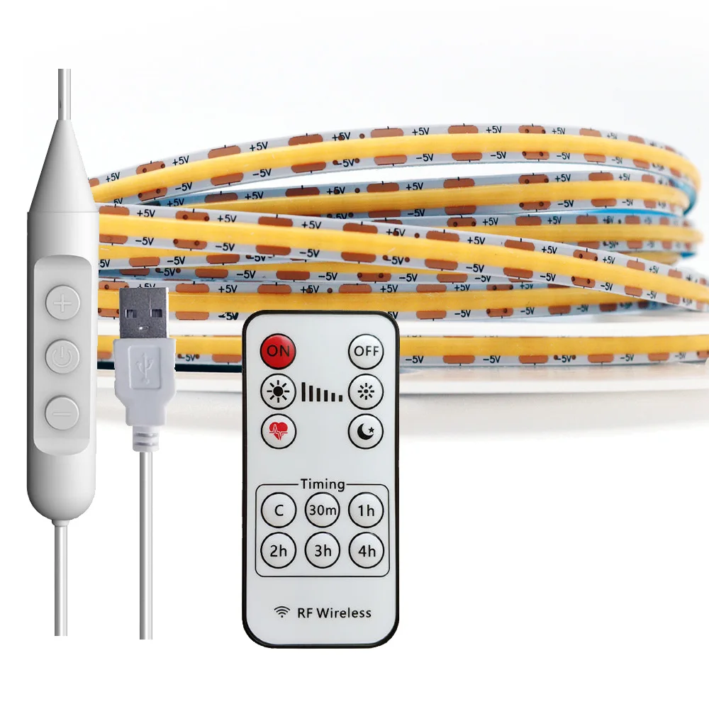 Remote Control DC5V USB COB LED Light Strip Linear Dimmable 8mm 480leds/m RA90 Flexible 3000K 4000K