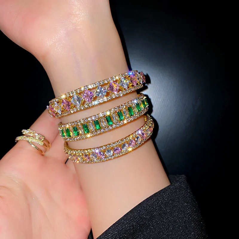 Geometric Zircon Bracelet & Bangles For Women Pink Green Cuff Bracelets Weddings Party Jewelry