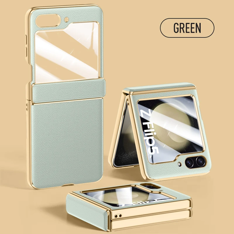 For Samsung Galaxy Z Flip 5 6 Case Plain Leather Tempered Glass Hinge All-inclusive Folding