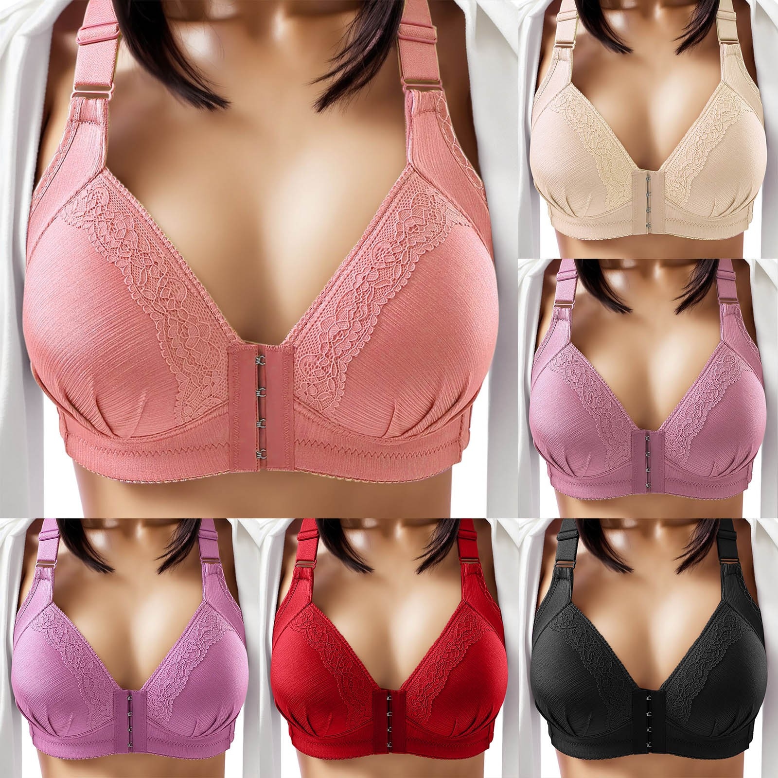 Women's Front Side Buckle Lace Edge Without Steel Ring Movement Seamless Gathering Adjustment Yoga Brassiere thin Bralette 
