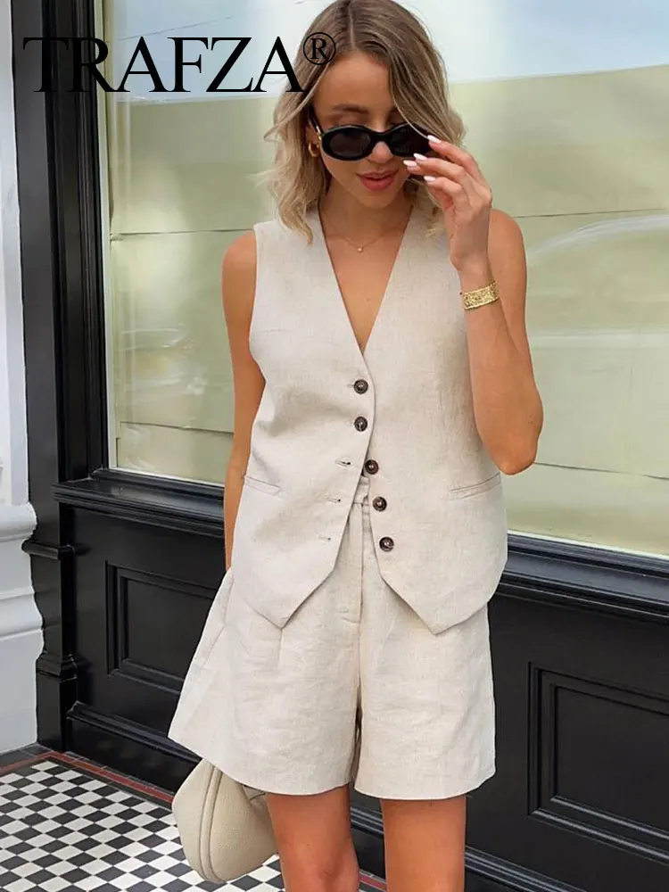 TRAFZA Women Elegant Solid Waistcoat Pant Sets Single Breasted V Neck Vest Top + High Waist Slim