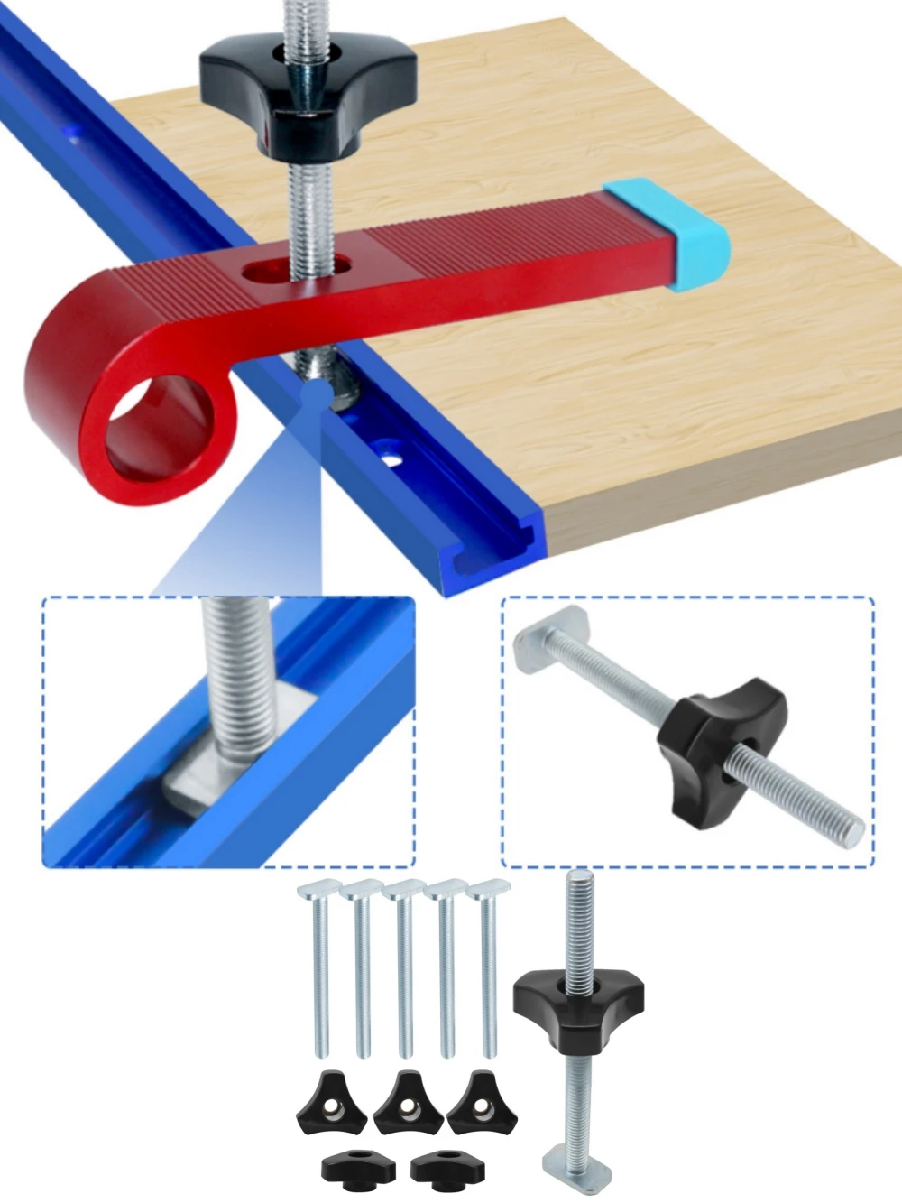 5 Pack T Bolt Knob Kit T Screw and Plastic Knob Nut, Jig Screw Fixture for Workbench T-Slot, Use